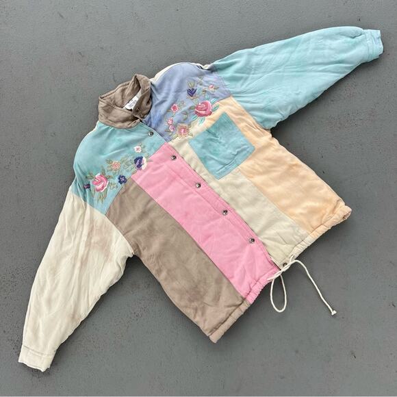 80s 90s pastel tie dye watercolor color block quilted jacket floral embroidery - Picture 1 of 7